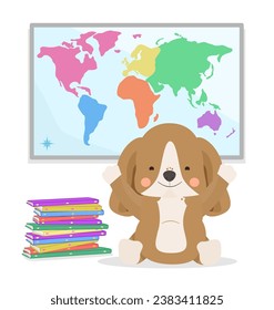 Cartoon dog sitting with a stack of books and a world map. Children's education and learning illustration. Colourful vector illustration.