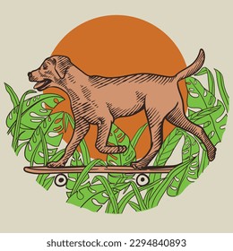 cartoon dog skateboard hawai leaves green sun