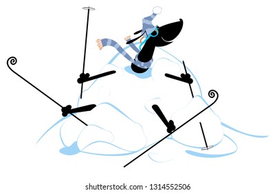 Cartoon dog skier and a big snowdrift illustration. Cartoon dachshund a skier appears from the big snowdrift illustration
