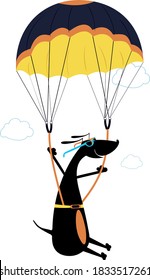 Cartoon dog a skydiver illustration. Comic dog skydiver derives enjoyment from jumping isolated on white
