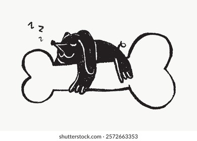 Cartoon dog sleeping on a giant bone. Playful illustration of a happy dog dreaming. Cozy and cute dog art with a whimsical touch. Simple isolated black line art doodle vector.