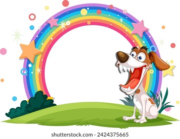 Cartoon dog smiling under a vibrant rainbow arch.