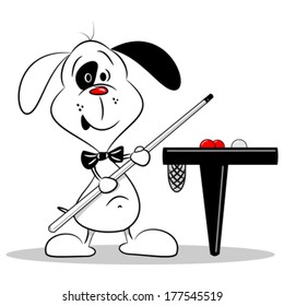 A cartoon dog with a snooker cue next to billiard table