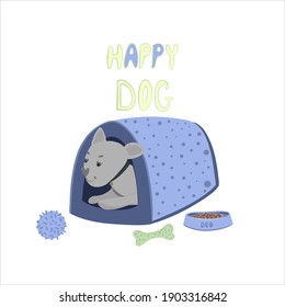 Cartoon dog in a soft dog house. Text happy dog. Doodle vector, stock illustration hand drawn in flat style, isolated on white background