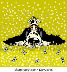 cartoon dog spaniel in the meadow,vector illustration on green background