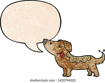cartoon dog with speech bubble in retro texture style
