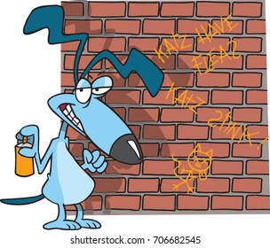 cartoon dog spraying graffiti on a brick wall