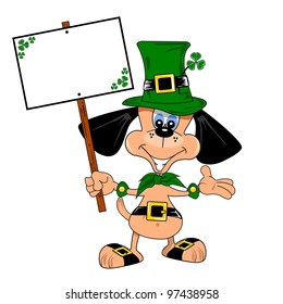 A cartoon dog in a St Patrick's days costume holding a blank placard