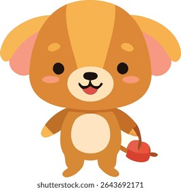 A cartoon dog stands upright, holding a red toy. The dog has a smiling expression and pink inner ears, with a tan and brown color scheme.