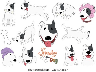 Cartoon dog stickers with a funny bull terrier Sparky isolated on white. Hand drawn vector art