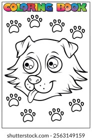 Cartoon dog sticking out its tongue, surrounded by paw prints, in a coloring book page for kids.