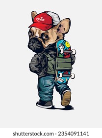 cartoon dog in street fashion carrying skatboard vector illustration