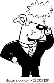 A cartoon dog in a suit talking on a cell phone.