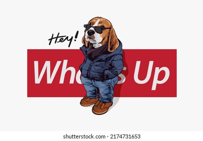 cartoon dog in sunglasses standing on what's up slogan vector illustration