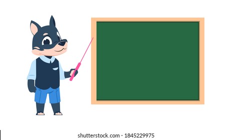 Cartoon dog teacher. Cute animal standing with pointer near blackboard. Gray wolf teaching children in class room, funny mammal in school. Vector education and getting knowledge isolated illustration svg