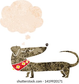 cartoon dog with thought bubble in grunge distressed retro textured style