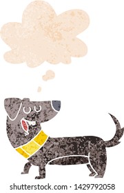 cartoon dog with thought bubble in grunge distressed retro textured style