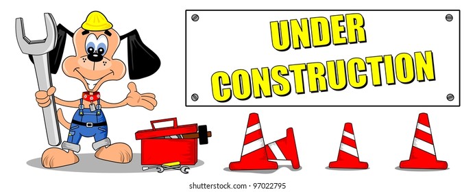 Cartoon dog and tools with under construction sign billboard