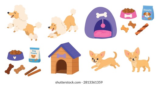 Cartoon dog vector set featuring a poodle and chihuahua with pet accessories including a wooden doghouse, soft bed, food bowls, dry biscuits, and chew treats. Isolated on a white background.