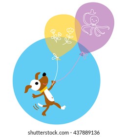 Cartoon dog walking with balloons. Vector illustration. Kid Happy Birthday card. 