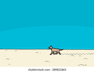 Cartoon dog walking on sand under blue sky