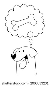 Cartoon dog wants bone, vector illustration. Black outlined and white colored.