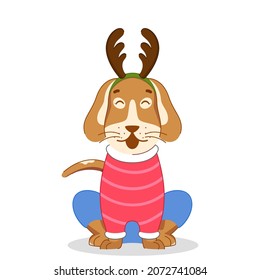 Cartoon Dog Wearing Antlers Headband In Sitting Pose.