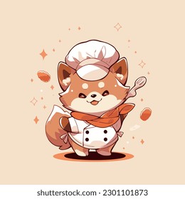 A cartoon dog wearing a chef hat and apron with a spoon.