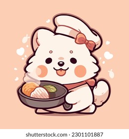 A cartoon of a dog wearing a chef hat holding a plate of sushi.