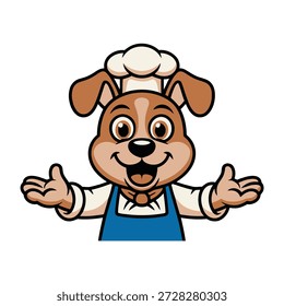 Perro de la historieta que lleva el sombrero y el delantal del cocinero que gesticulan feliz icono