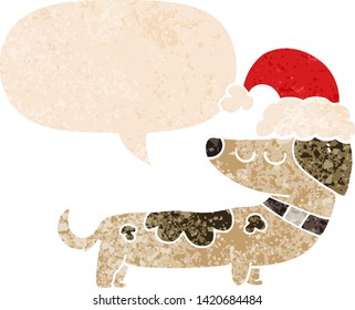 cartoon dog wearing christmas hat with speech bubble in grunge distressed retro textured style