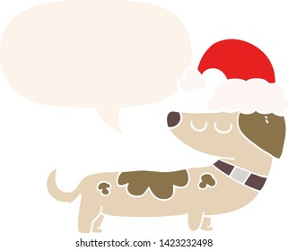 cartoon dog wearing christmas hat with speech bubble in retro style