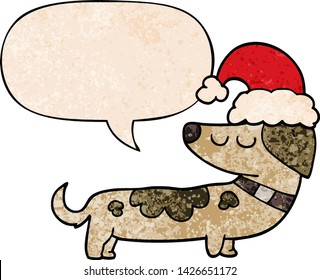 cartoon dog wearing christmas hat with speech bubble in retro texture style