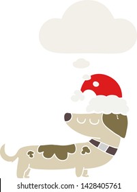 cartoon dog wearing christmas hat with thought bubble in retro style