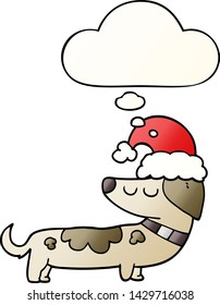 cartoon dog wearing christmas hat with thought bubble in smooth gradient style