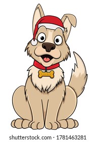 cartoon dog wearing a Christmas hat. isolated on a white background. stock illustration