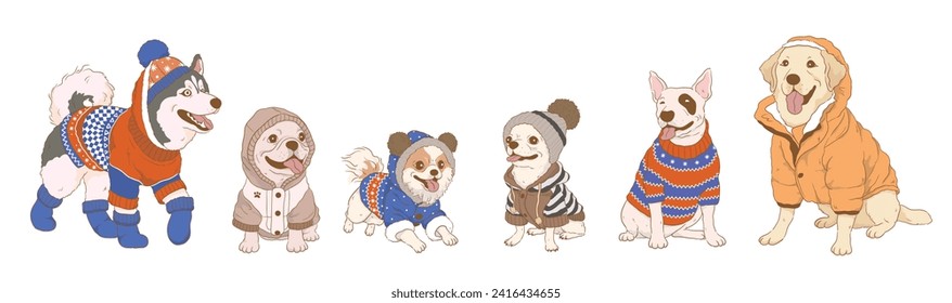 Cartoon Hund mit Kleidung, Hund in verschiedenen Pullover, Hoodie und Jacket im Winter, einzeln auf weißem Hintergrund.