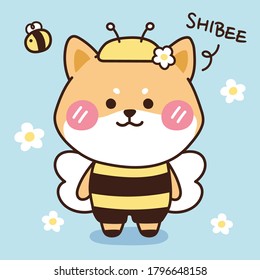 Cartoon dog wearing costume vector illustration.Shiba inu.Japanese dog.Kawaii.Cute animal character design.Bee.flower.