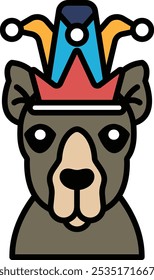 A cartoon dog wearing a crown and a hat. The dog is smiling and looking at the camera