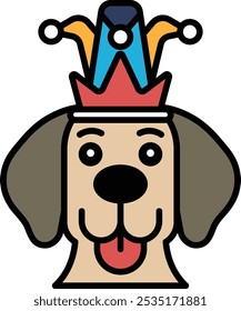 A cartoon dog wearing a crown and a red hat. The dog has a tongue sticking out. The dog is smiling and looking at the camera