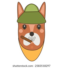 Cartoon dog wearing a green hat and holding a cigar. Vector illustration.