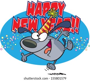 Cartoon dog wearing a party hat with Happy New Year behind him