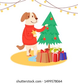 Cartoon dog wearing red Santa sweater decorates Christmas tree vector illustration. Childish christmas character dog or puppy with holiday gifts isolated on white.