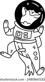 A cartoon dog is wearing a space suit and is floating in space. The dog is smiling and he is enjoying the experience