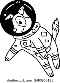 A cartoon dog is wearing a space suit and is floating in space. The dog is smiling and he is enjoying the experience