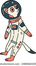 A cartoon dog is wearing a space suit and is floating in space. The dog is smiling and he is enjoying the experience