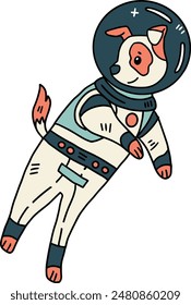 A cartoon dog is wearing a space suit and is floating in space. The dog is smiling and he is enjoying the experience