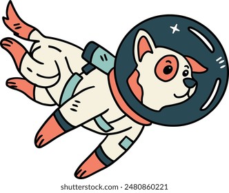 A cartoon dog is wearing a space suit and is floating in space. The dog is smiling and he is enjoying the experience