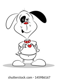 A cartoon dog in a white I love heart t-shirt with copy space