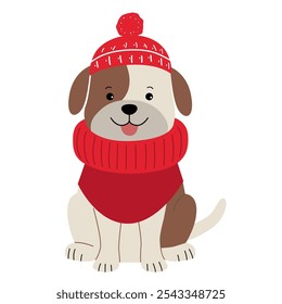 Cartoon dog in winter clothes. Illustration with hand drawn doodle puppy. Thickly clothed pet. 